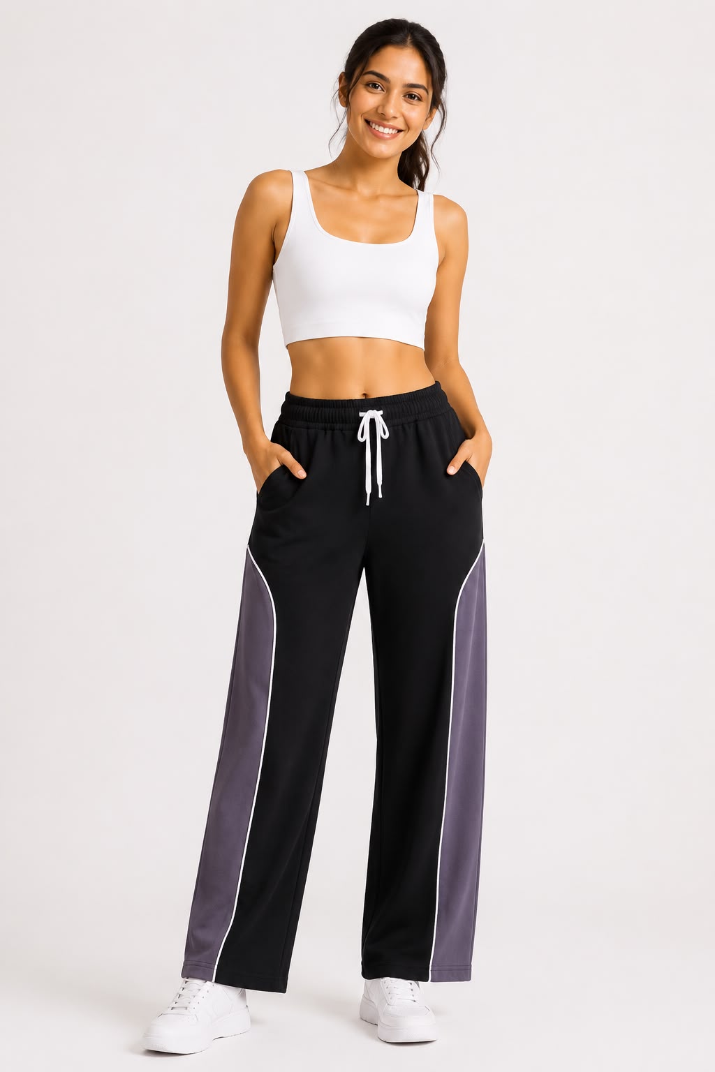Cotton Stretchable Wide Leg Track Pants with Color block Panels – Women’s Joggers