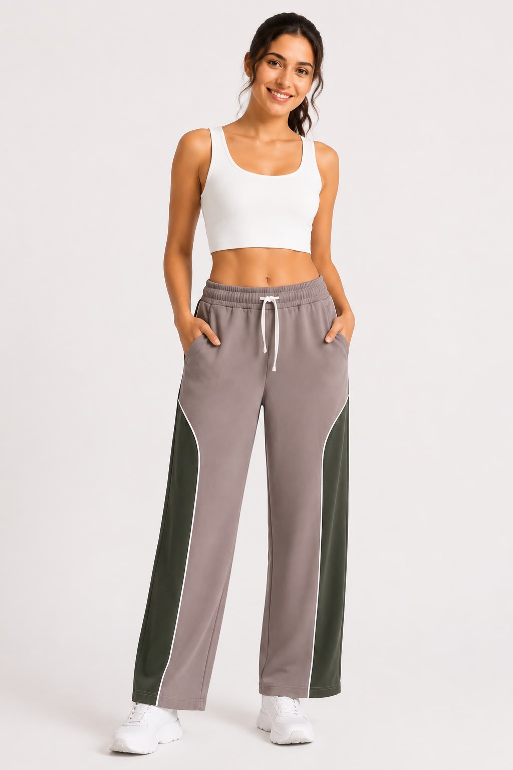 Cotton Stretchable Wide Leg Track Pants with Color block Panels – Women’s Joggers