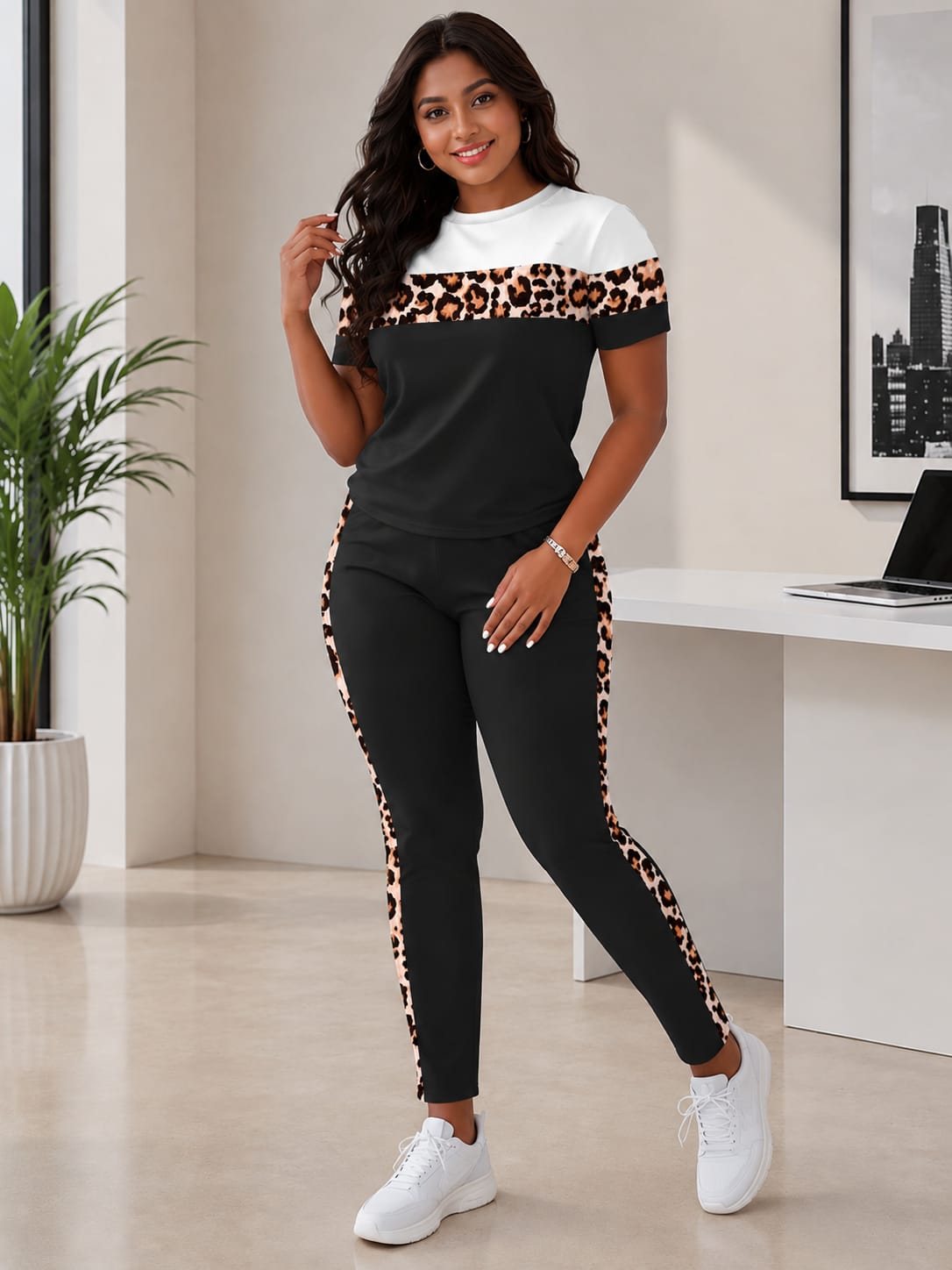 Women’s 2-Piece DryFit Leopard Print Colorblock Co-ord Set – Breathable Short Sleeve Top & Leggings Set