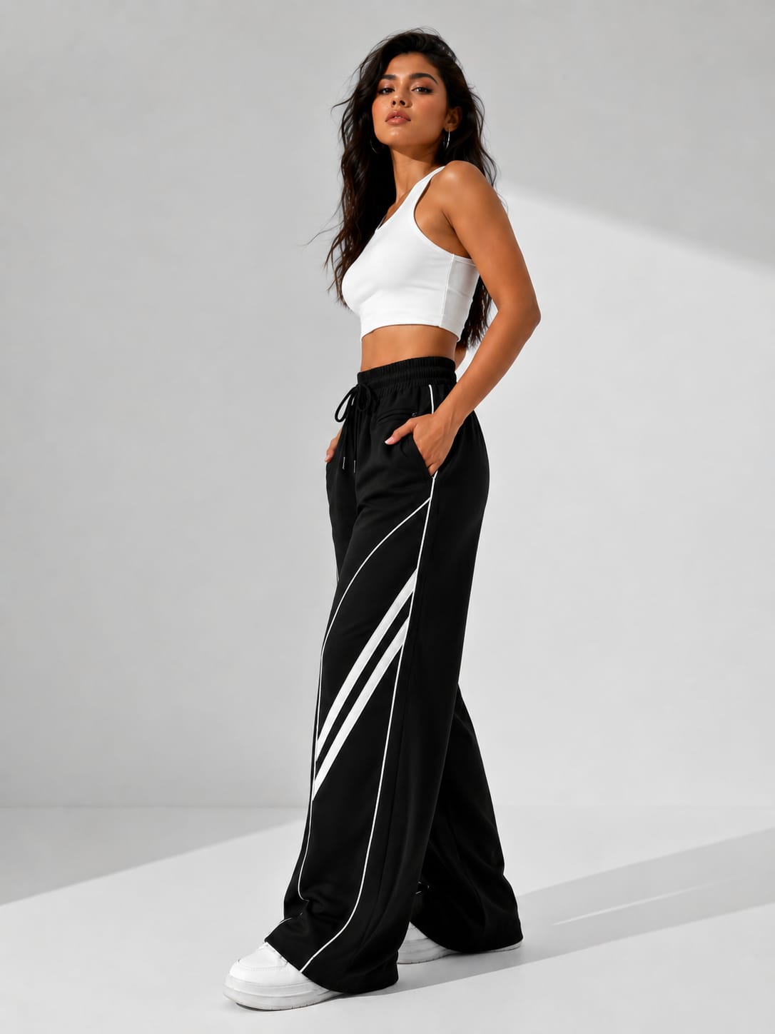 Women’s Black DryFit Wide Leg Track Pants with White Stripe Detail – Breathable Drawstring Lounge Trousers