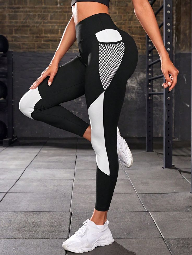 Women’s Black & White Colorblock DryFit Leggings with Mesh Pocket – High Waist Breathable Gym Tights