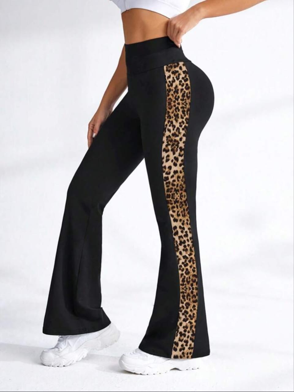Women's Tiger Print Patchwork Elastic High Waist Flare Leg Pant