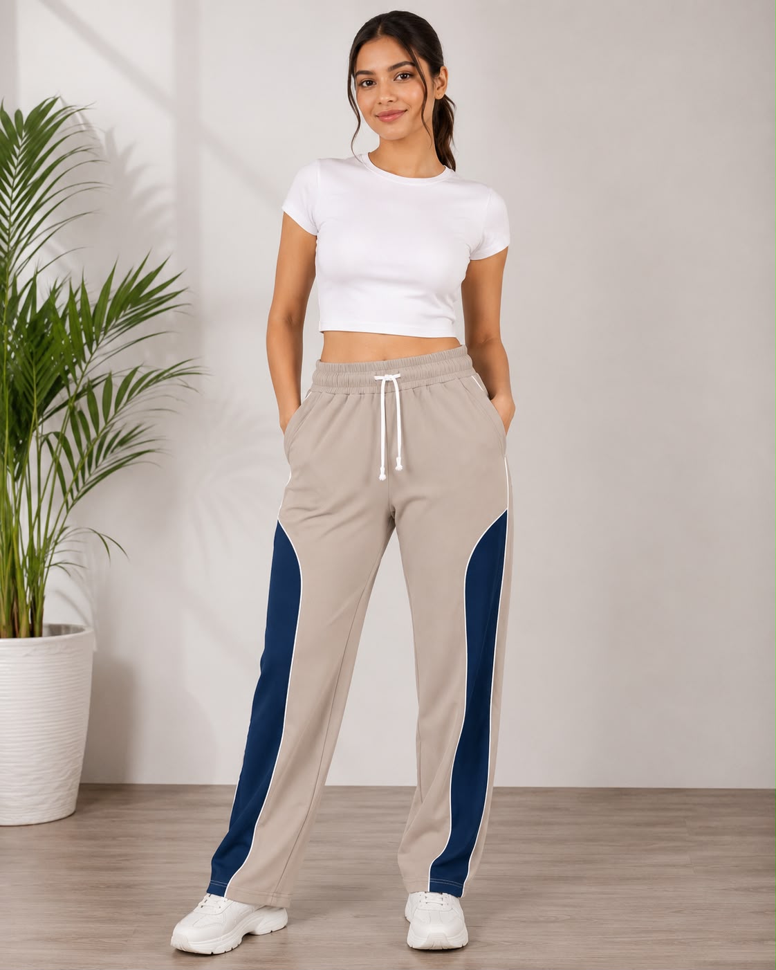 Cotton Stretchable Wide Leg Track Pants with Color block Panels – Women’s Joggers