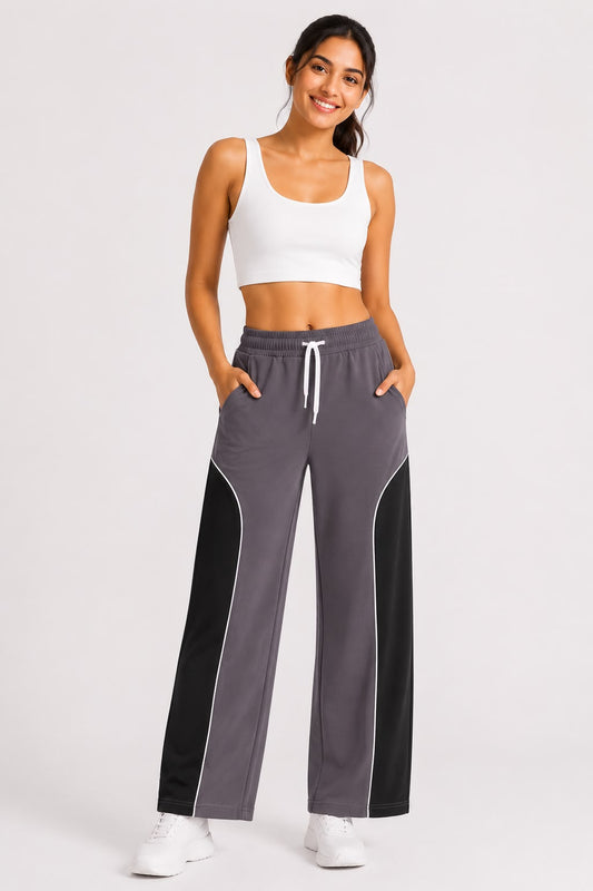 Cotton Stretchable Wide Leg Track Pants with Color block Panels – Women’s Joggers