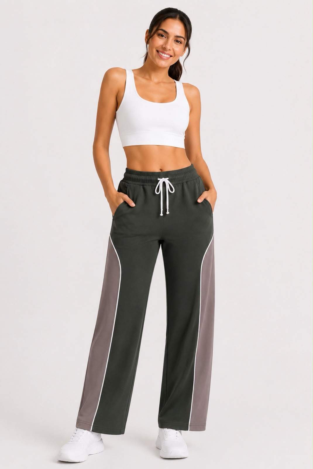 Cotton Stretchable Wide Leg Track Pants with Color block Panels – Women’s Joggers