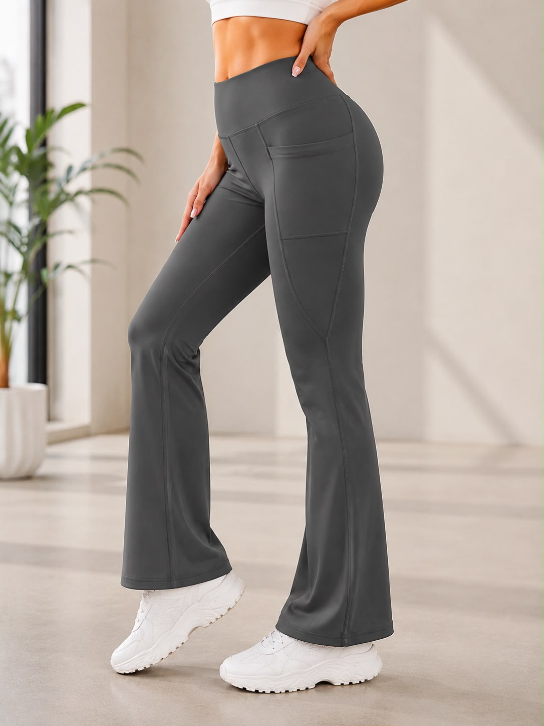 Brownie High Waist Flare Yoga Pants with Side Pockets – Women’s Sculpting Bootcut Leggings