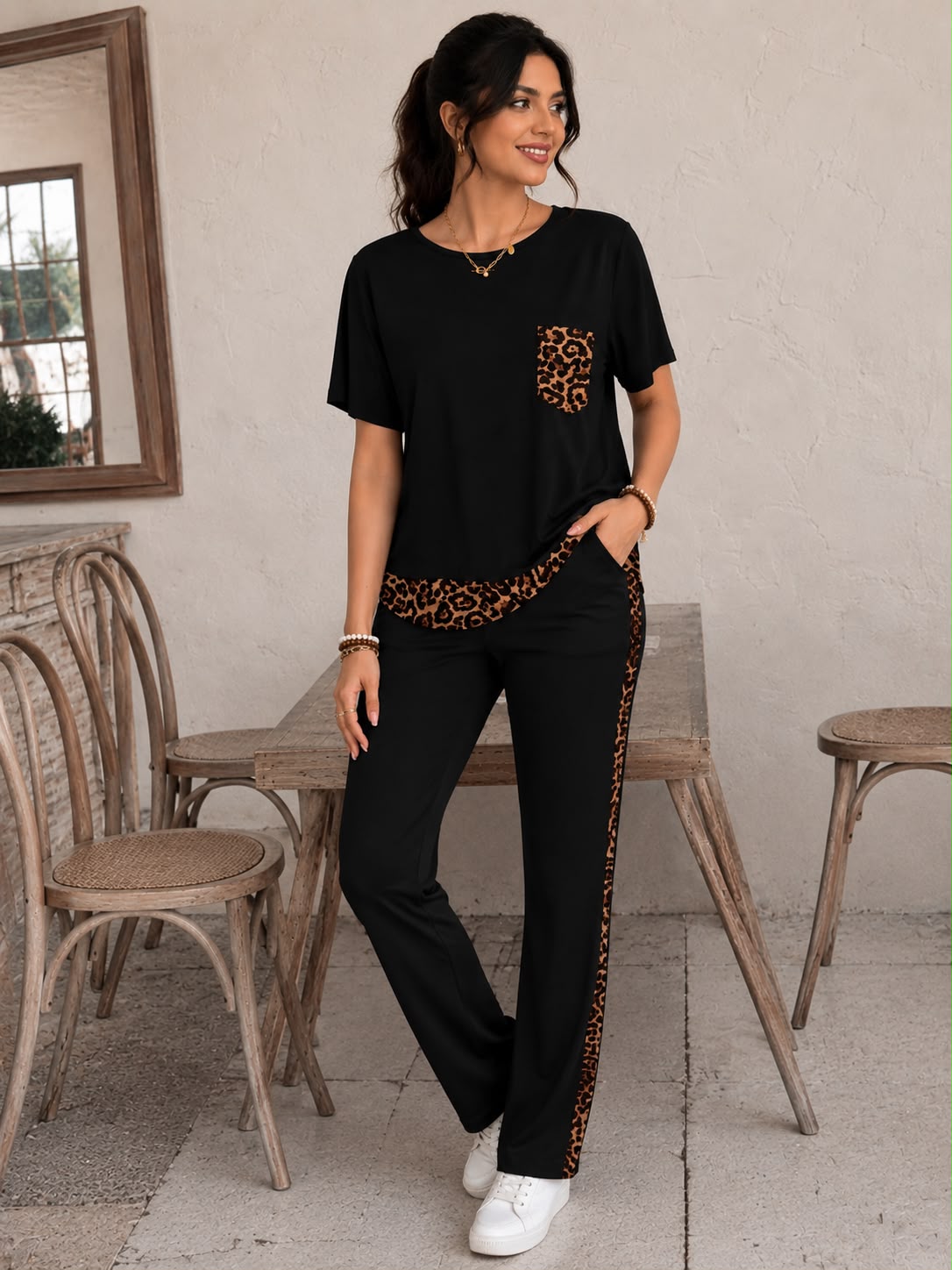 Women’s Black Short Sleeves T-Shirt with Leopard Print Pocket & Hem – Breathable Round Neck Active Top