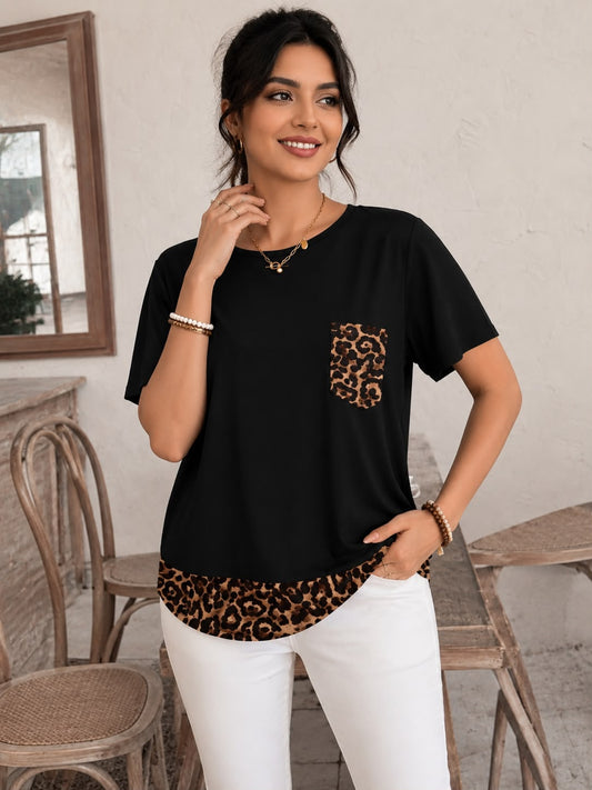 Women’s Black Short Sleeves T-Shirt with Leopard Print Pocket & Hem – Breathable Round Neck Active Top
