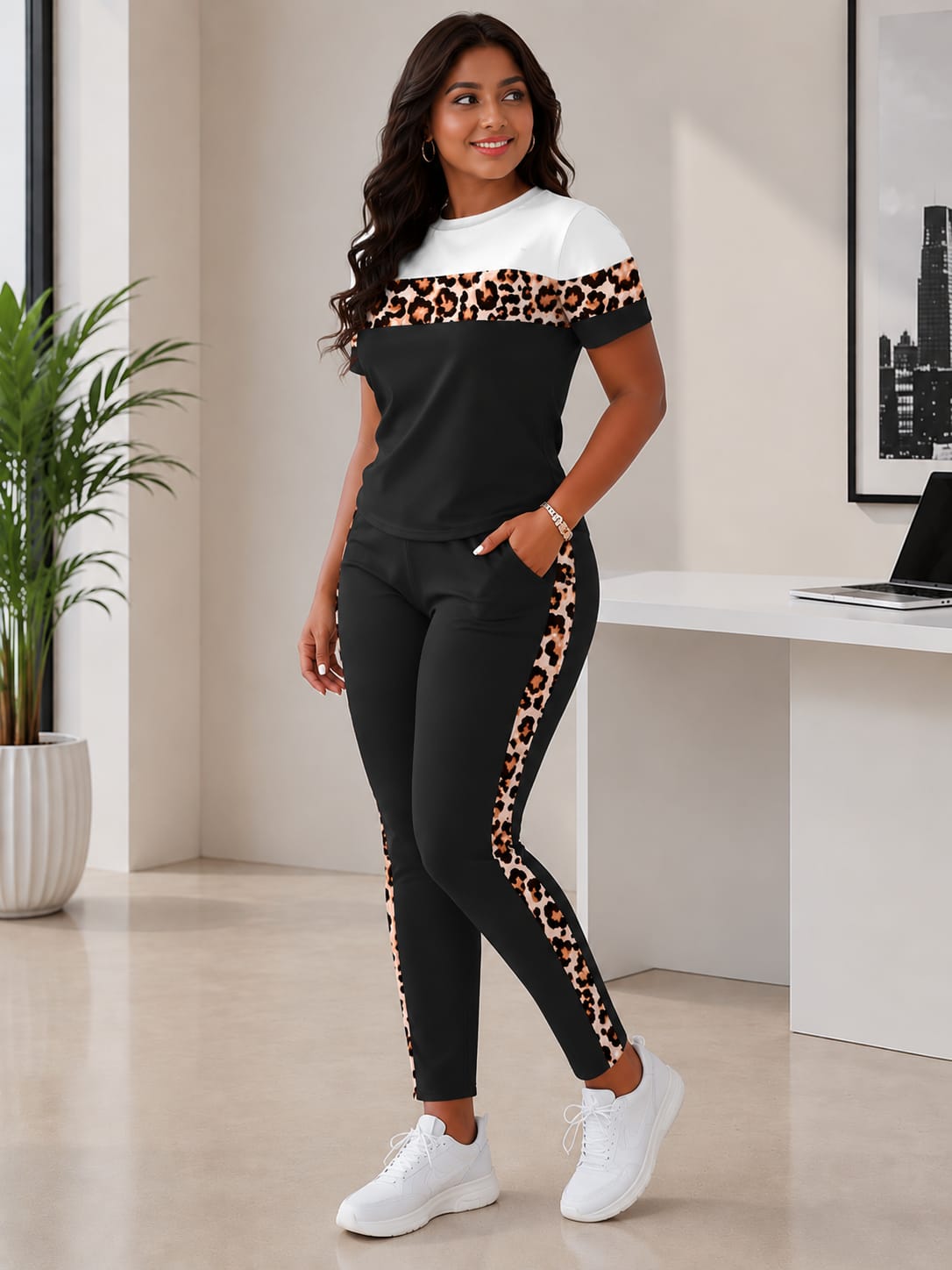 Women’s 2-Piece DryFit Leopard Print Colorblock Co-ord Set – Breathable Short Sleeve Top & Leggings Set