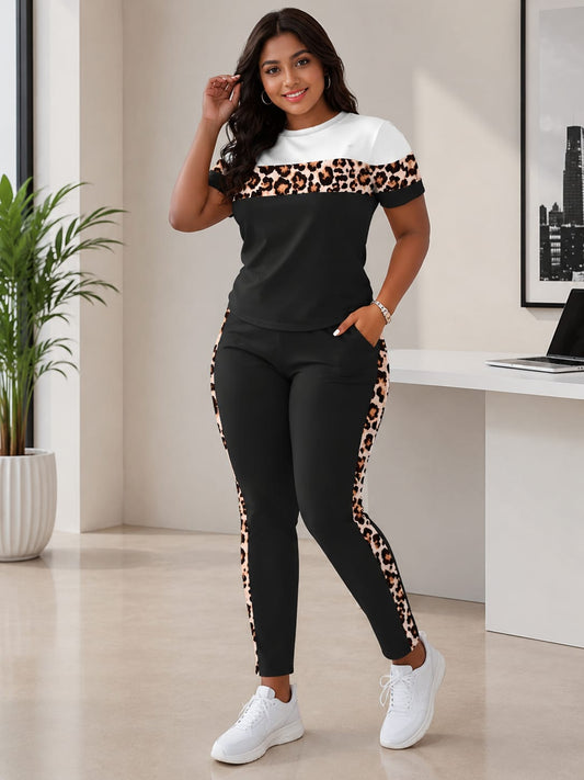 Women’s 2-Piece DryFit Animal Print Colorblock Co-ord Set – Breathable Short Sleeve Top & Leggings Set