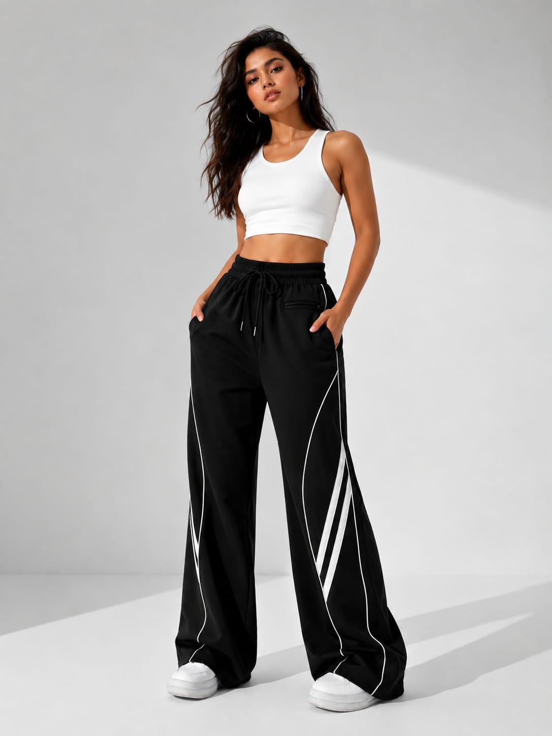 Women’s Black DryFit Wide Leg Track Pants with White Stripe Detail – Breathable Drawstring Lounge Trousers