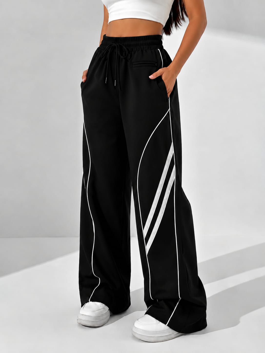 Women’s Black DryFit Wide Leg Track Pants with White Stripe Detail – Breathable Drawstring Lounge Trousers