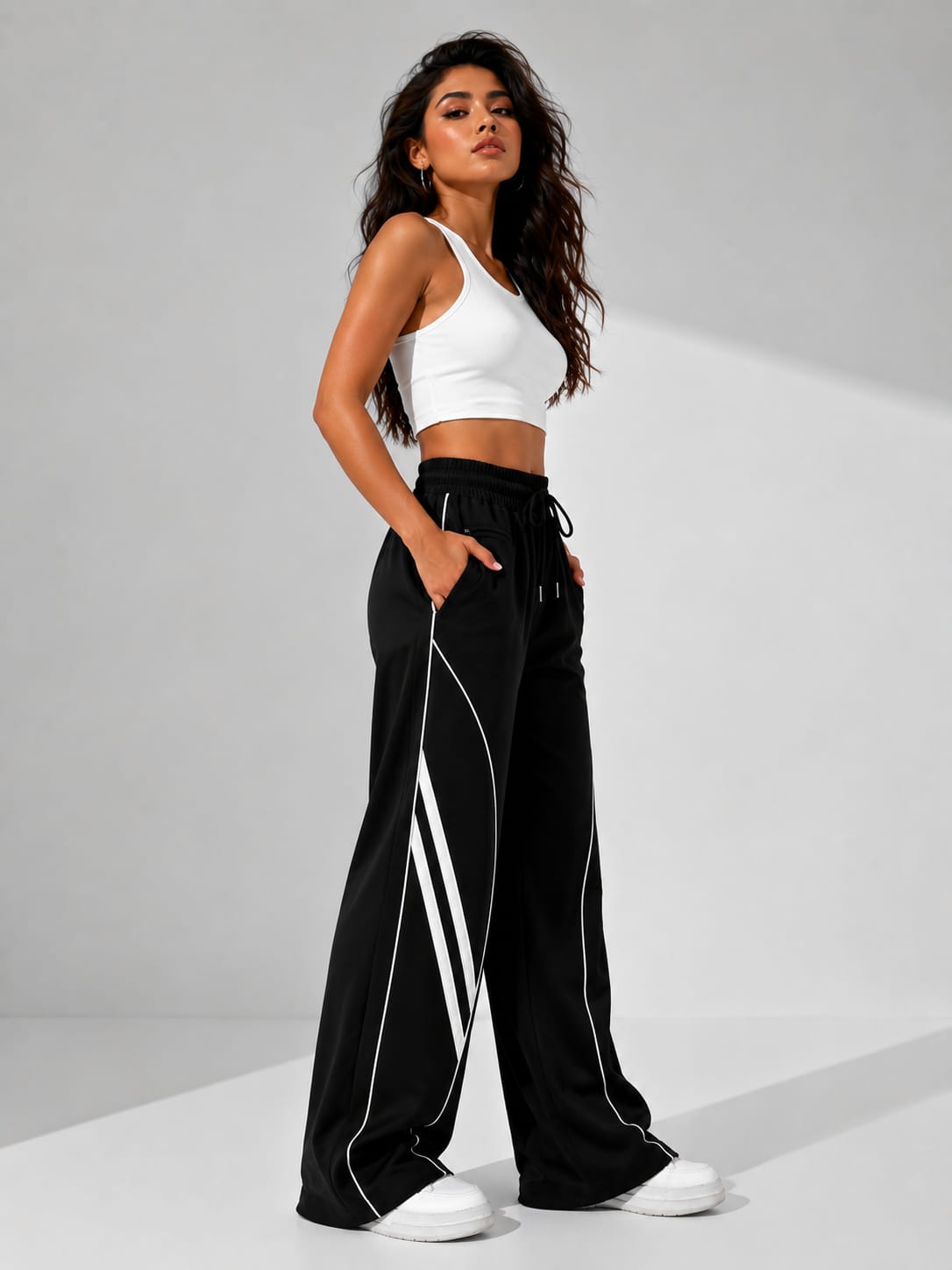 Women’s Black DryFit Wide Leg Track Pants with White Stripe Detail – Breathable Drawstring Lounge Trousers