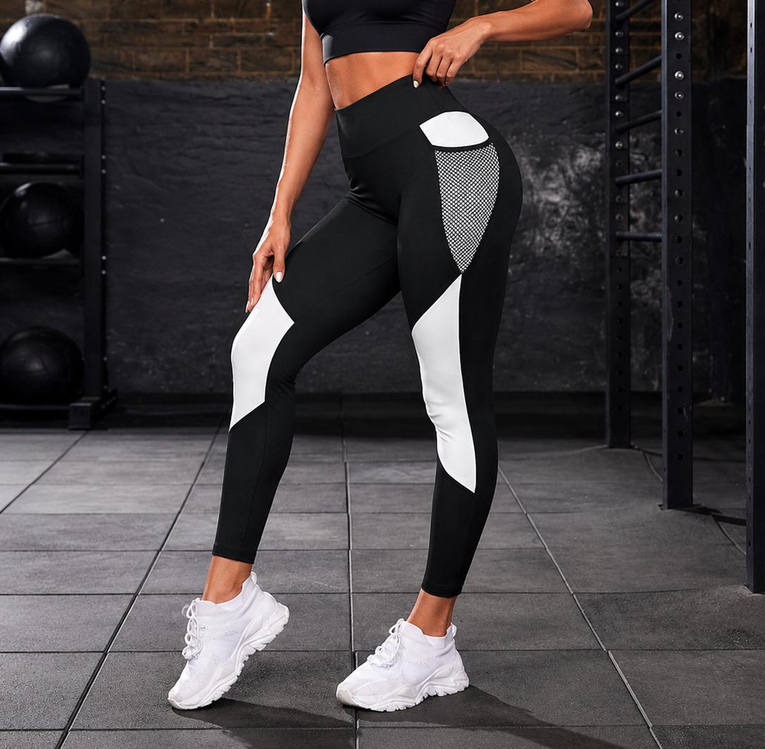 Women’s Black & White Colorblock DryFit Leggings with Mesh Pocket – High Waist Breathable Gym Tights