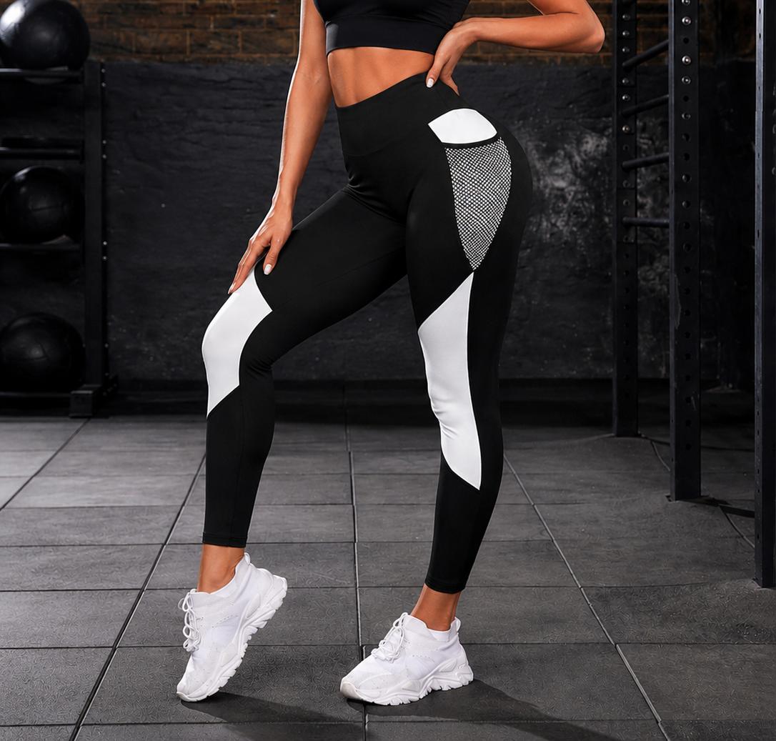 Women’s Black & White Colorblock DryFit Leggings with Mesh Pocket – High Waist Breathable Gym Tights