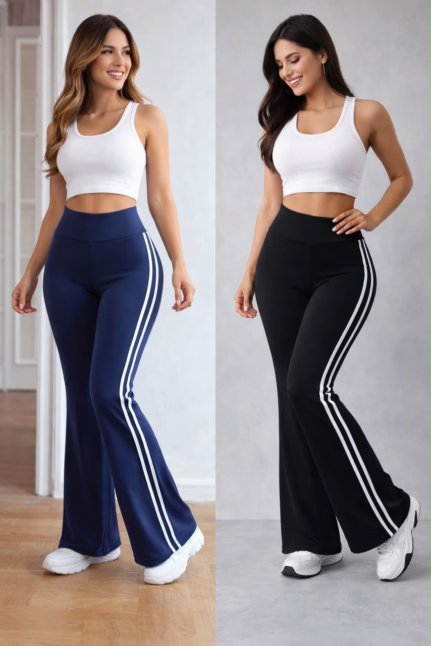 Women's Flare Yoga Pants with Side Stripes - Stretchable Poly Lycra Cotton Lounge Trousers