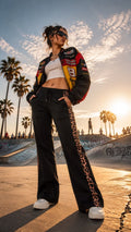 Black Flare Pants with Leopard Print Side Stripes With Pocket And Knot