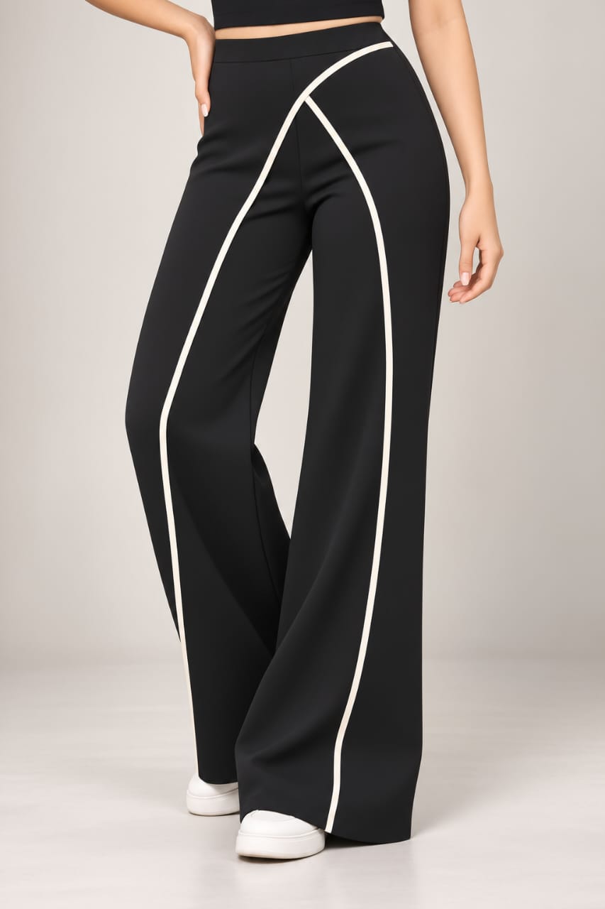 Women's Korean High Waist Wide Leg Trousers with White Piping - Imported Cotton Poly Lycra Stretchable Pants