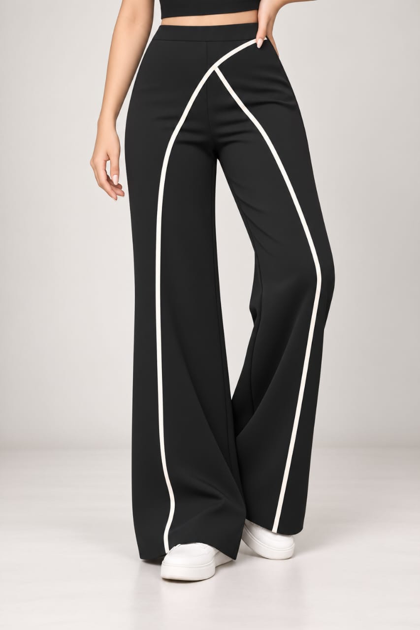 Women's Korean High Waist Wide Leg Trousers with White Piping - Imported Cotton Poly Lycra Stretchable Pants