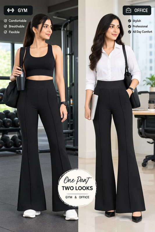 Black High-Waist Flared Trousers with Front Pleats And Pocket