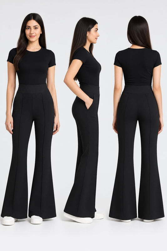 Black High-Waist Flared Trousers with Front Pleats And Pocket