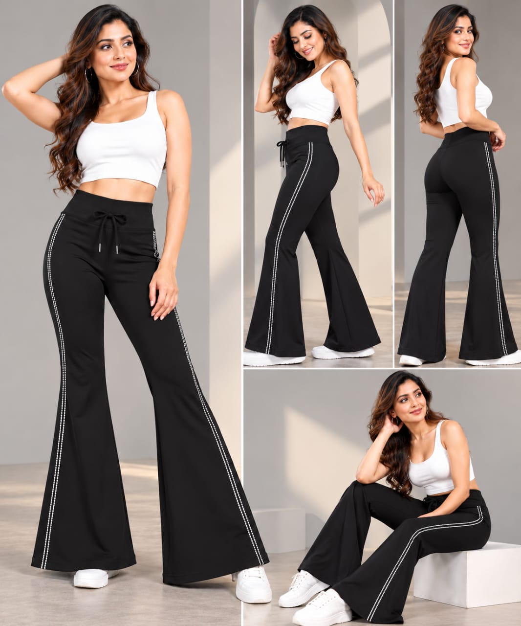 Women's High Waist Bell Bottom Flare Pants with Side Rhinestone Work - Imported Cotton Poly Lycra Stretchable Trousers