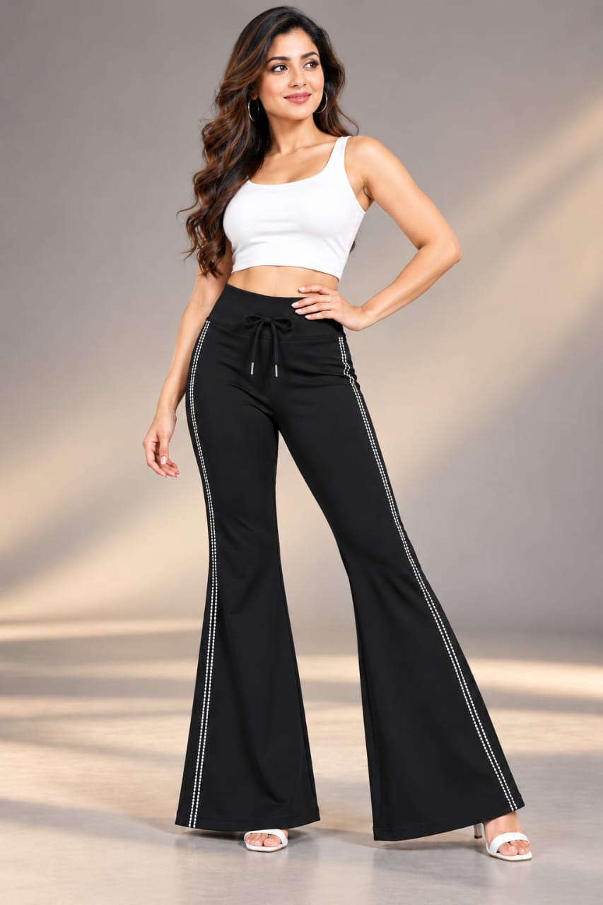 Women's High Waist Bell Bottom Flare Pants with Side Rhinestone Work - Imported Cotton Poly Lycra Stretchable Trousers