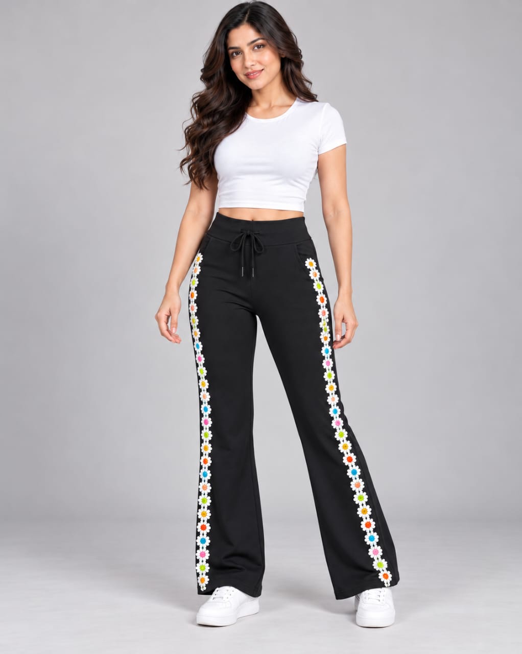 Women's Pant with Multicolor Flower Side Lace - Imported Cotton Poly Lycra Stretchable Trousers