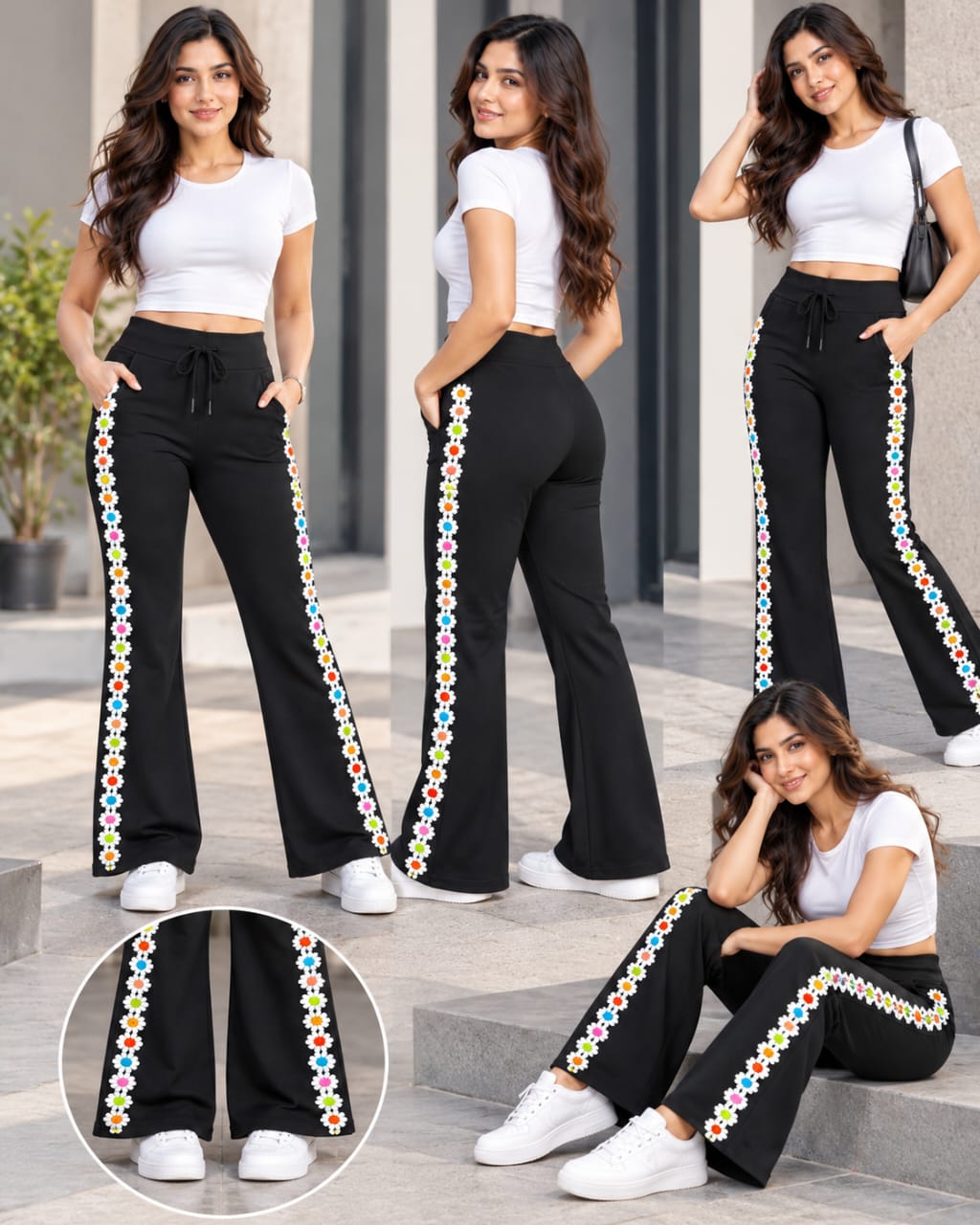 Women's Pant with Multicolor Flower Side Lace - Imported Cotton Poly Lycra Stretchable Trousers