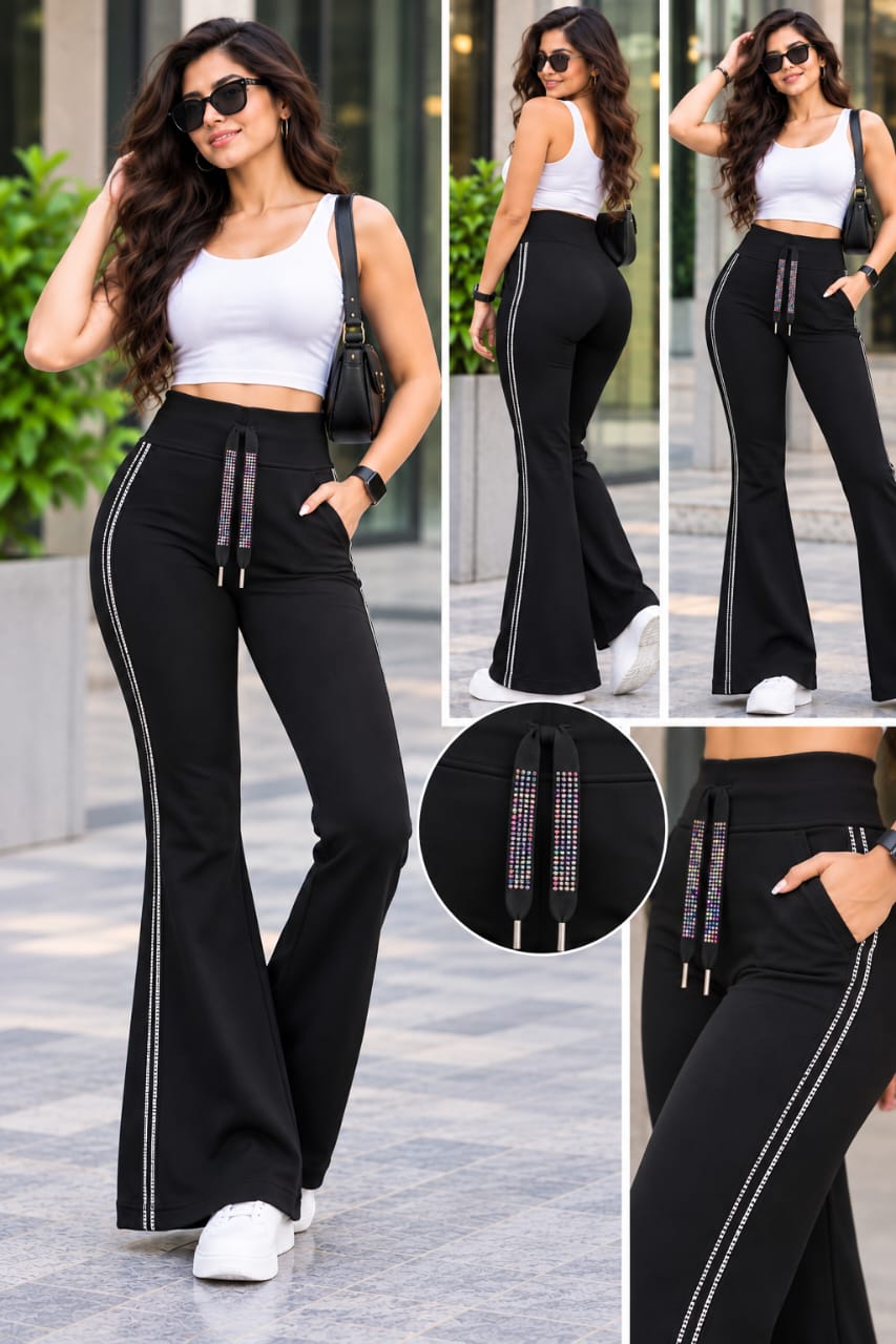 Women's Pant with Rhinestone Side Stripe & Stone Drawstring - Imported Cotton Poly Lycra Stretchable Trousers