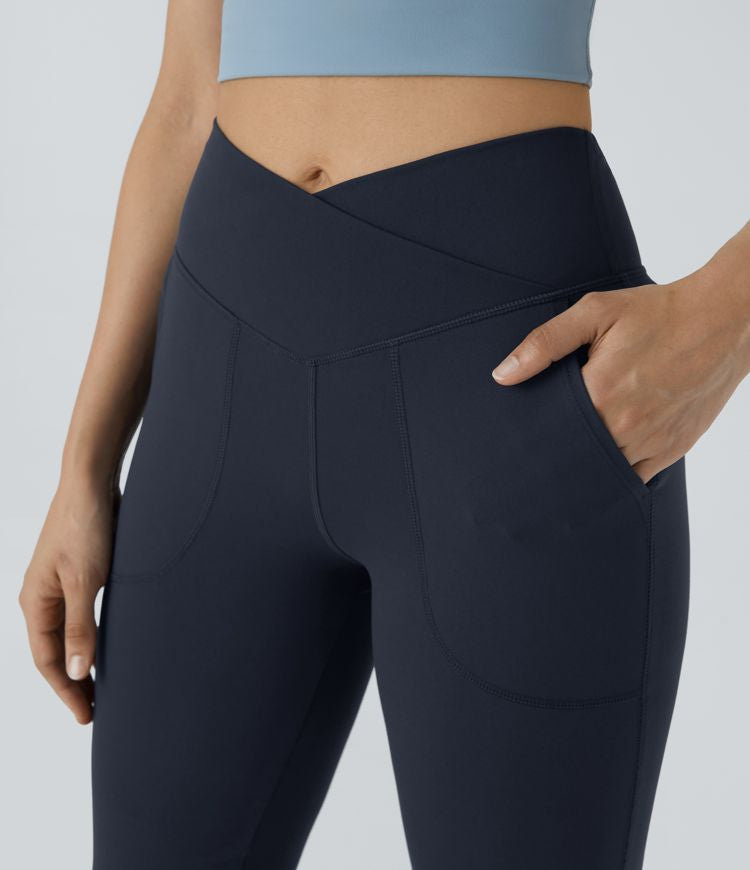 High-Waist Crossover Flare Yoga Pants for Women With Pockets