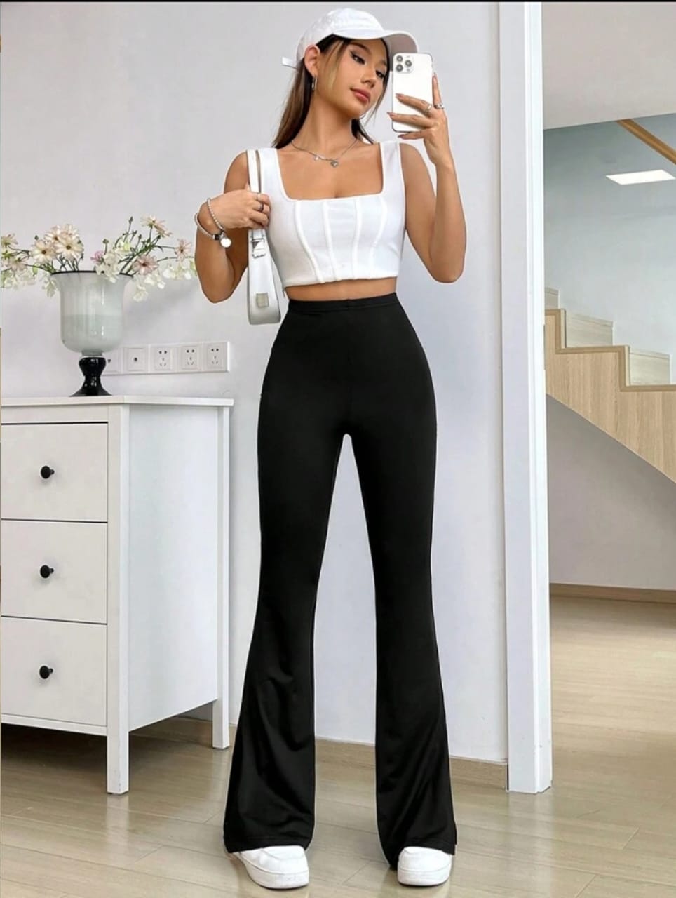 Solid Color Elastic High Waist Flared Black Yoga Sports Pants, Casual Wear Trousers, Side Slit