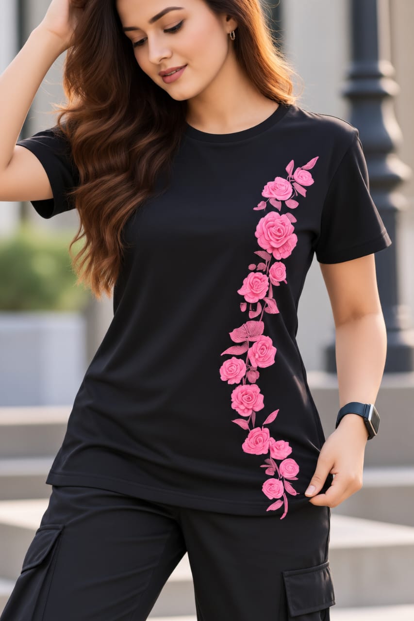 Black T-Shirt with Pink Rose Print for Women