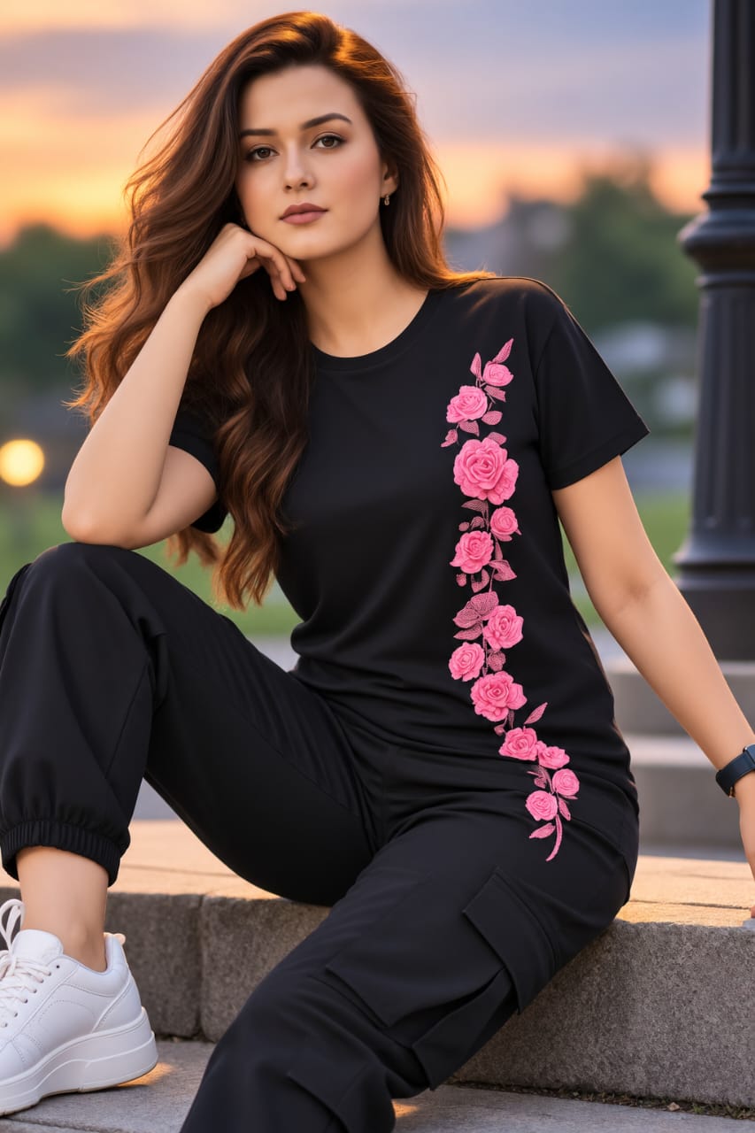 Black T-Shirt with Pink Rose Print for Women
