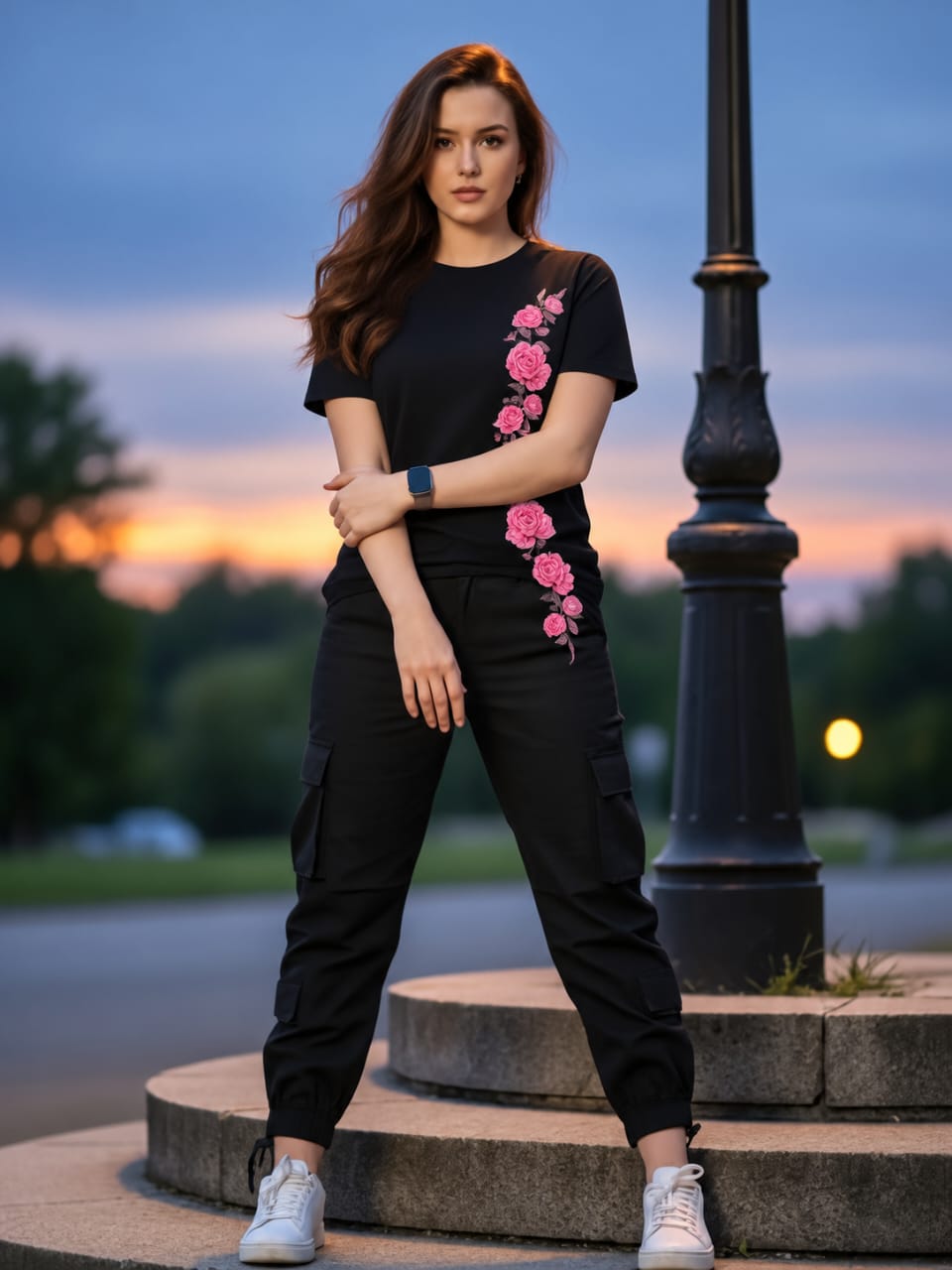 Black T-Shirt with Pink Rose Print for Women