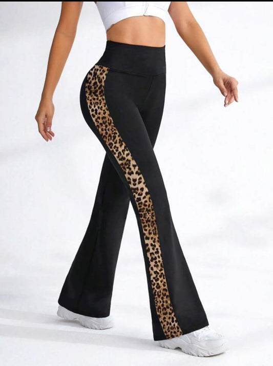 Women's Tiger Print Patchwork Elastic High Waist Flare Leg Pant