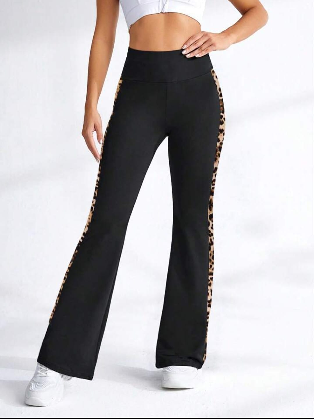 Women's Tiger Print Patchwork Elastic High Waist Flare Leg Pant