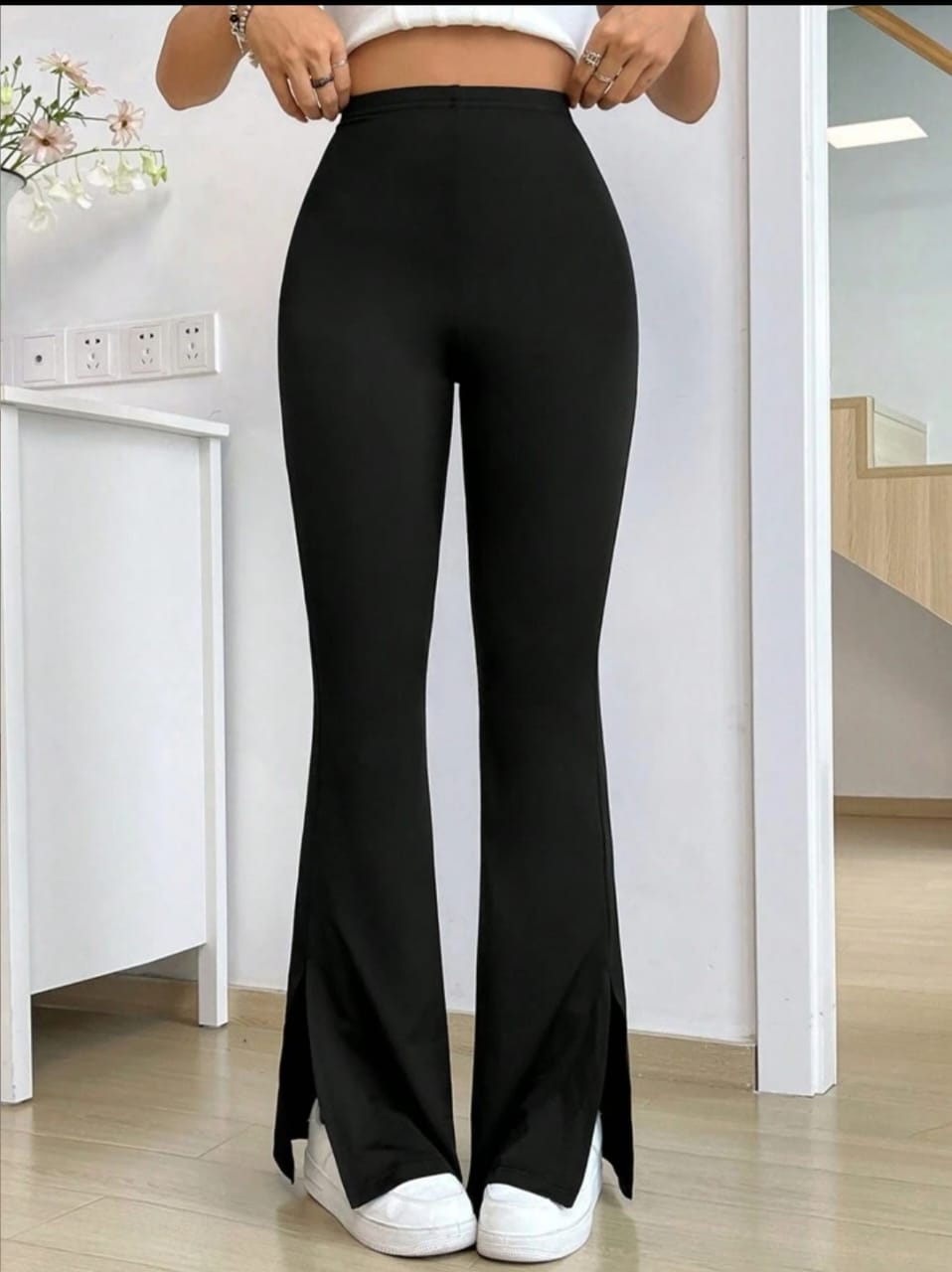 Solid Color Elastic High Waist Flared Black Yoga Sports Pants, Casual Wear Trousers, Side Slit