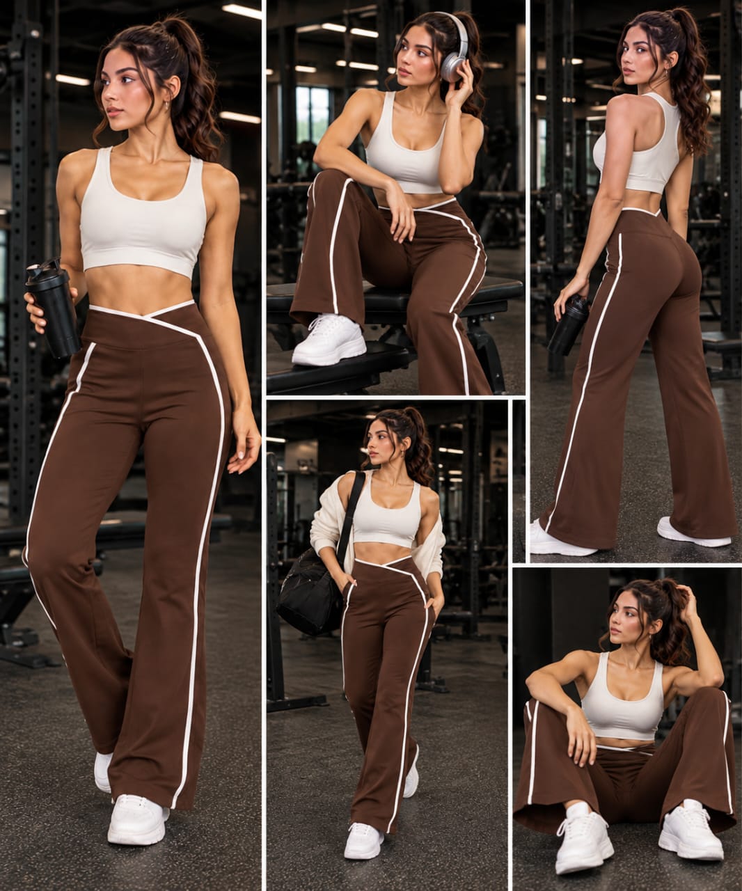 V-Cross Waist Flare Pants with White Piping – Women’s High Waist Athletic Yoga Trousers
