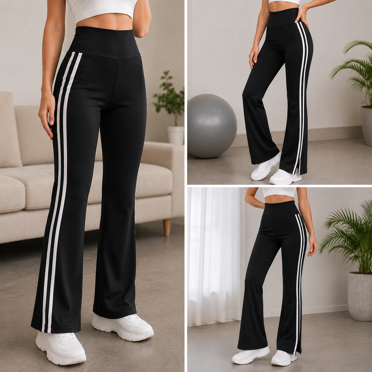 Women's Flare Yoga Pants with Side Stripes - Stretchable Poly Lycra Cotton Lounge Trousers