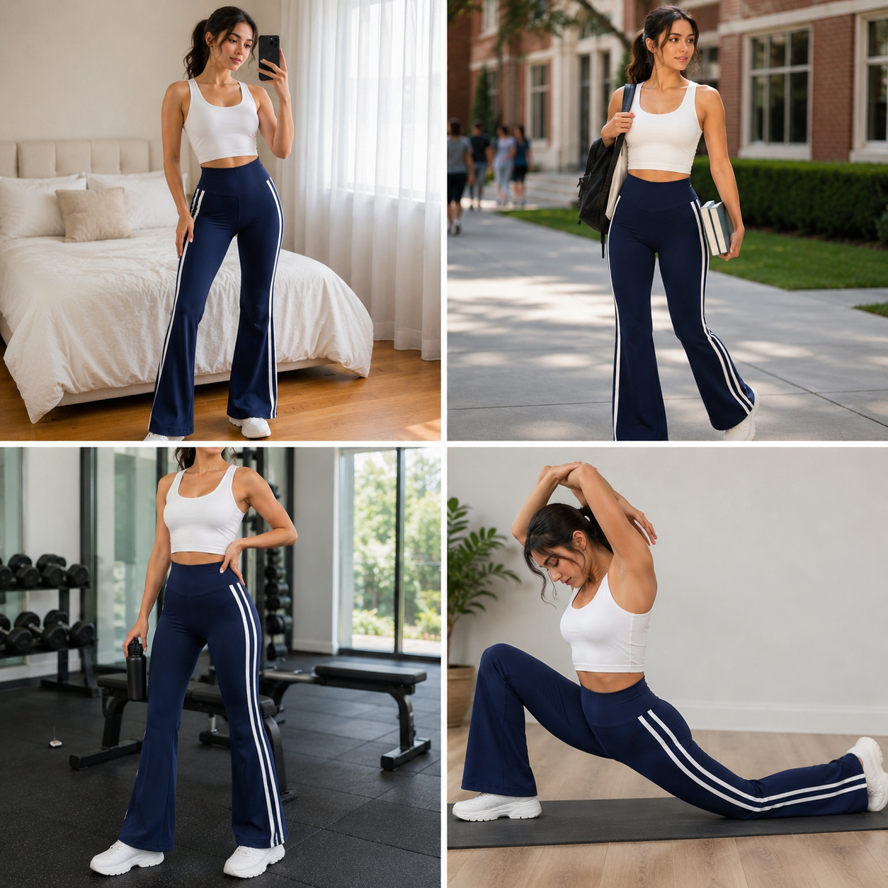 Women's Flare Yoga Pants with Side Stripes - Stretchable Poly Lycra Cotton Lounge Trousers