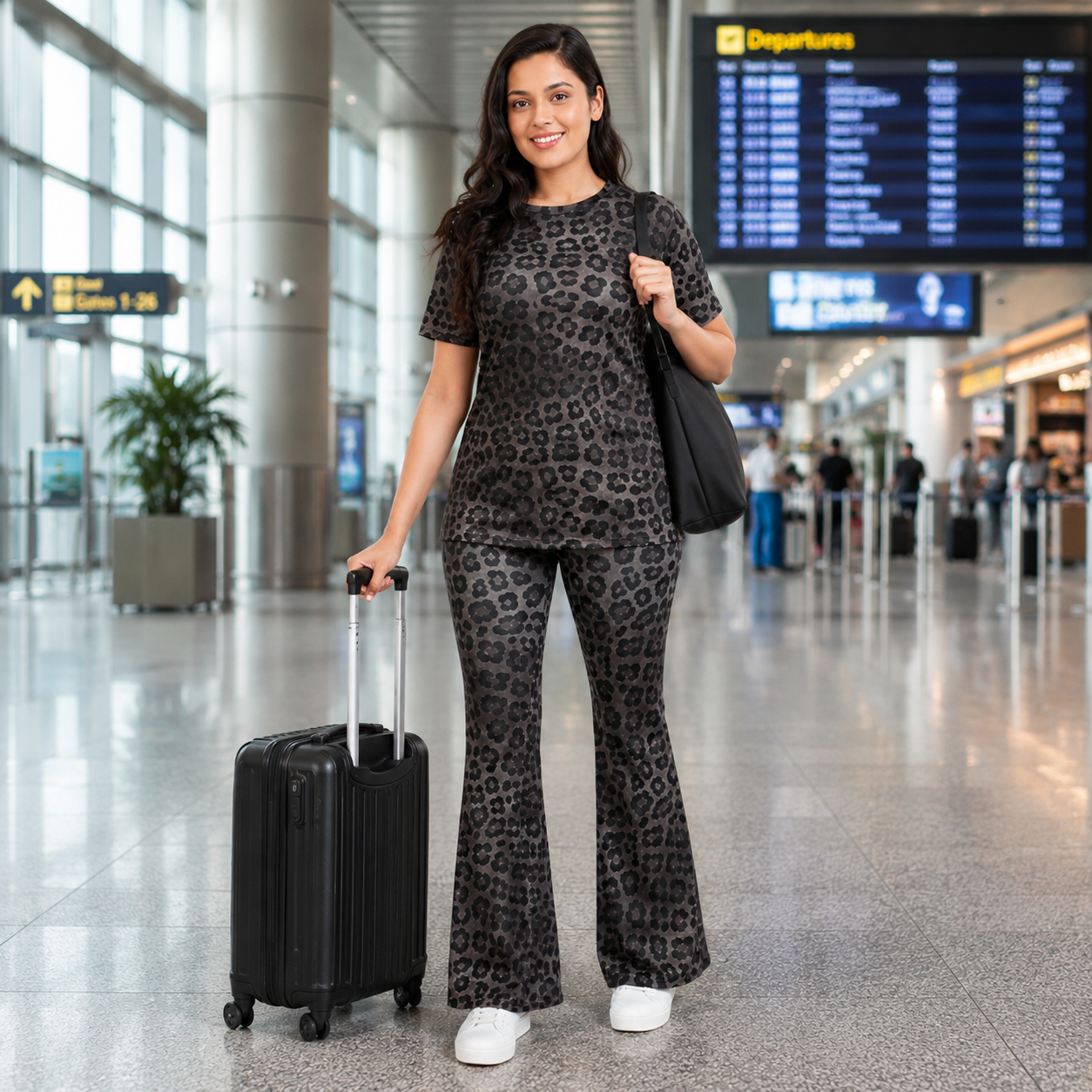 Women’s 2-Piece Black Leopard Print DryFit Co-ord Set – Breathable Short Sleeve Top & Flared Track Pants
