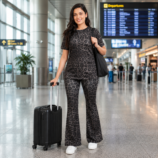 Women’s 2-Piece Black Leopard Print DryFit Co-ord Set – Breathable Short Sleeve Top & Flared Track Pants