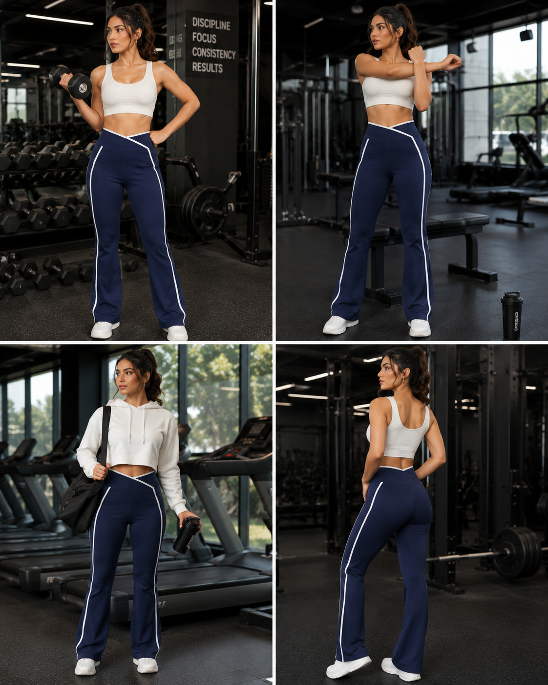 V-Cross Waist Flare Pants with White Piping – Women’s High Waist Athletic Yoga Trousers