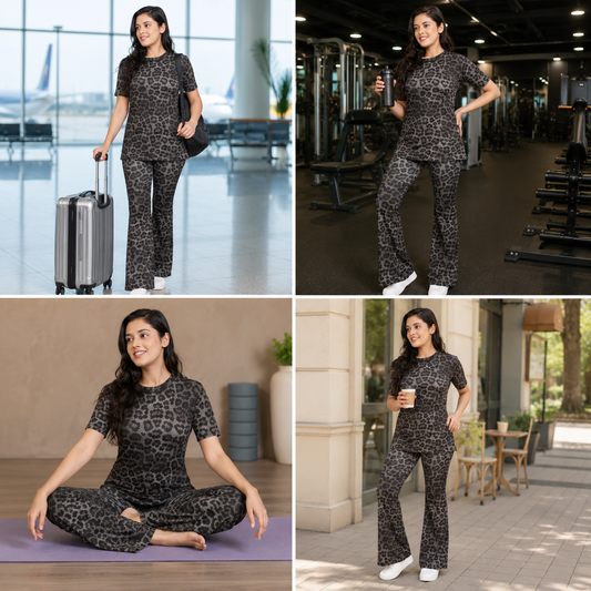 Women’s 2-Piece Black Leopard Print DryFit Co-ord Set – Breathable Short Sleeve Top & Flared Track Pants