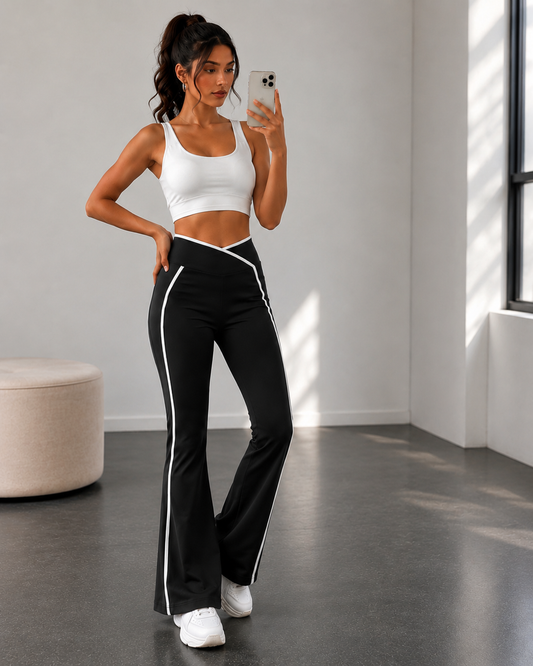 V-Cross Waist Flare Pants with White Piping – Women’s High Waist Athletic Yoga Trousers